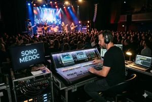 Une photo d'un ingénieur du son travaillant sur une console de mixage numérique imposante lors d'un concert. À sa gauche, un écran d'ordinateur affiche en grandes lettres blanches le texte "SONO MÉDOC" sur un fond sombre. En arrière-plan, une scène éclairée par des projecteurs colorés montre un groupe de musique jouant devant une foule nombreuse dans une salle de spectacle.