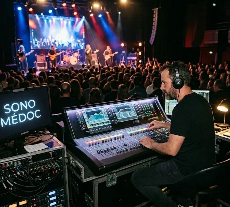 Une photo d'un ingénieur du son travaillant sur une console de mixage numérique imposante lors d'un concert. À sa gauche, un écran d'ordinateur affiche en grandes lettres blanches le texte "SONO MÉDOC" sur un fond sombre. En arrière-plan, une scène éclairée par des projecteurs colorés montre un groupe de musique jouant devant une foule nombreuse dans une salle de spectacle.