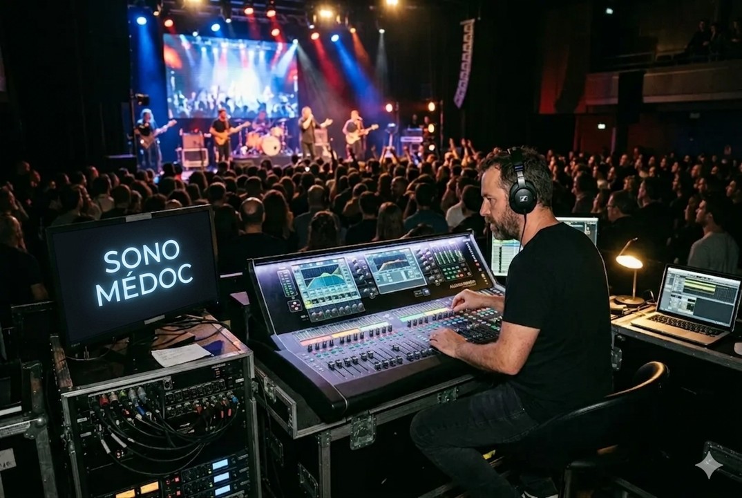 Une photo d'un ingénieur du son travaillant sur une console de mixage numérique imposante lors d'un concert. À sa gauche, un écran d'ordinateur affiche en grandes lettres blanches le texte "SONO MÉDOC" sur un fond sombre. En arrière-plan, une scène éclairée par des projecteurs colorés montre un groupe de musique jouant devant une foule nombreuse dans une salle de spectacle.