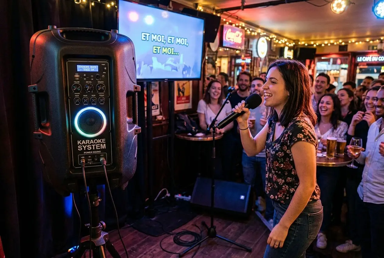 Une chanteuse tient un micro devant un système karaoké posé dans un pub, avec une salle enthousiaste et des spectateurs souriants en arrière-plan. | intégration du mot-clé: comment choisir un matériel karaoké