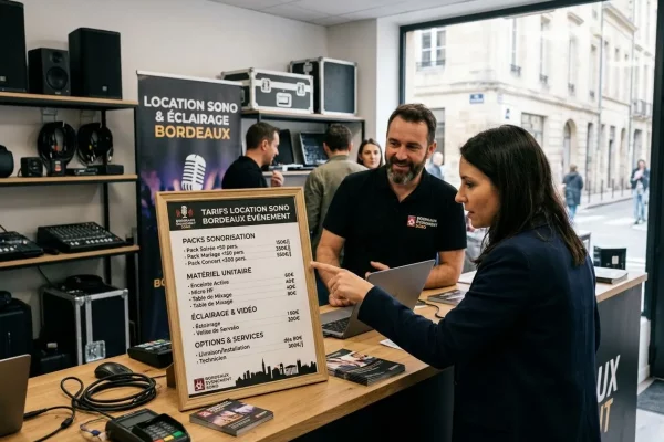Une scène d'accueil et de conseil dans l'agence Bordeaux Événement Sono, spécialisée dans la location de matériel audiovisuel. Au premier plan : Une cliente de profil interroge un conseiller à l'accueil. Elle pointe du doigt un panneau de tarifs de location encadré sur le comptoir en bois. Le conseiller, un homme souriant à barbe courte, l'écoute attentivement. Le panneau de tarifs : Il détaille plusieurs offres, notamment des "Packs Sonorisation" (Soirée, Mariage, Concert), du "Matériel Unitaire" (Enceinte, Micro HF, Table de mixage) et des services d'éclairage et d'installation. À l'arrière-plan : Le magasin est bien organisé avec des étagères présentant des enceintes, des tables de mixage et des câbles. On aperçoit d'autres clients et un kakémono publicitaire indiquant "LOCATION SONO & ÉCLAIRAGE BORDEAUX". Le cadre : Une grande vitrine sur la droite laisse voir une rue typique de Bordeaux avec des bâtiments anciens en pierre, baignant la scène dans une lumière naturelle.