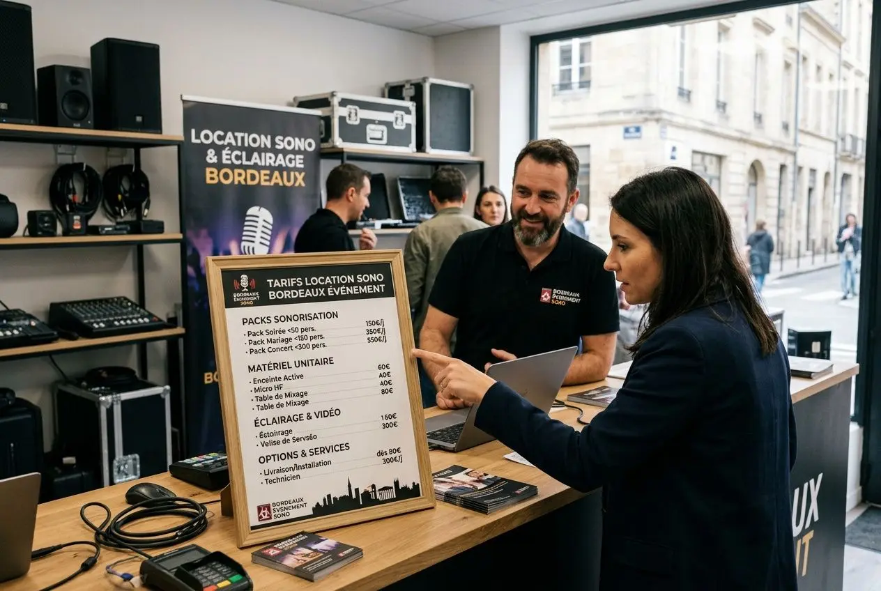 Location enceinte Bluetooth Bordeaux : conseil client en magasin sono avec tarifs et packs sonorisation affichés