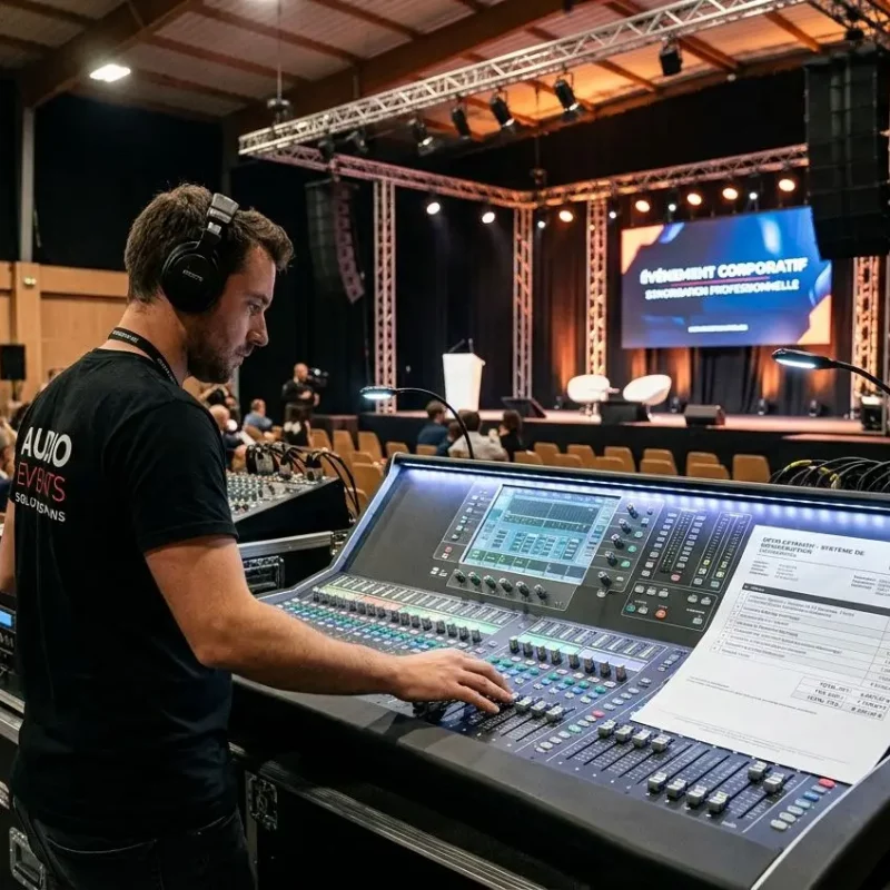 Homme DJ ou technicien son avec casque ajustant un tableau de mixage lors d’un événement, scène et écrans en arrière-plan. coüt système de sonorisation événement intégré naturellement.