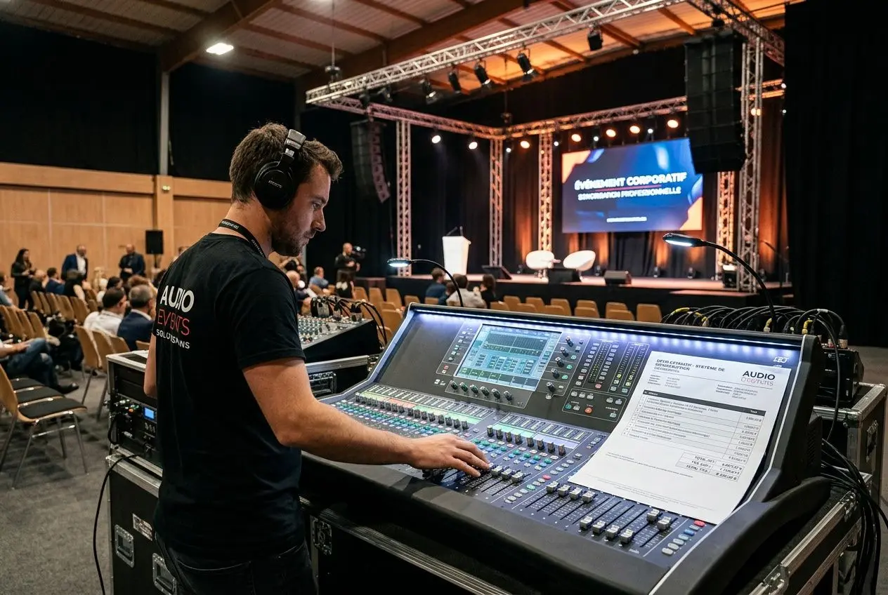 Homme DJ ou technicien son avec casque ajustant un tableau de mixage lors d’un événement, scène et écrans en arrière-plan. coüt système de sonorisation événement intégré naturellement.