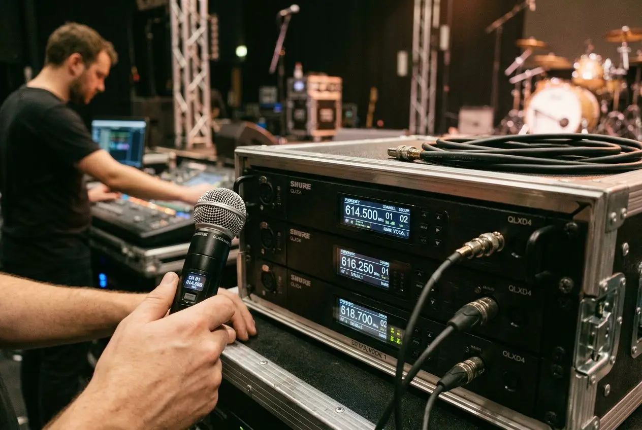 Homme tenant un micro dynamique devant une table de mixage et un rack de récepteurs sans fil, en coulisses d’un concert., comment choisir un micro sans fil