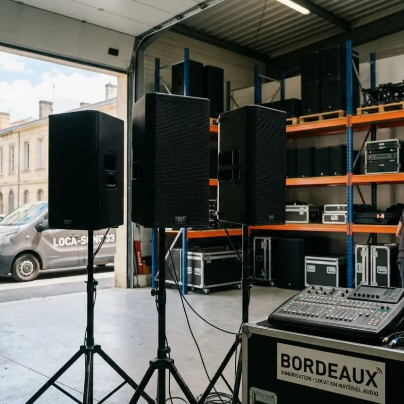 Une photo de l'intérieur d'un entrepôt de matériel de sonorisation. On y voit : Trois enceintes noires montées sur des trépieds au centre de la pièce. Une console de mixage posée sur un flight-case (boîte de transport noire) au premier plan, avec le texte "BORDEAUX SONORISATION - LOCATION MATÉRIEL AUDIO". De grandes étagères à l'arrière-plan, remplies de matériel audio et d'éclairage supplémentaire. Un technicien sur la droite, occupé à manipuler des câbles. Une vue sur la rue à travers une grande porte de garage ouverte, où l'on aperçoit une camionnette portant l'inscription "LOCA-SONO 33" garée devant des immeubles en pierre.