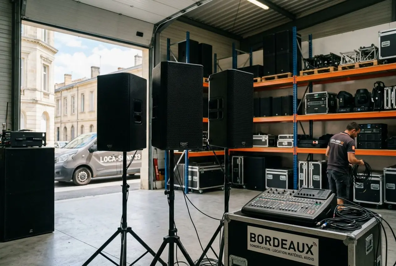 Une photo de l'intérieur d'un entrepôt de matériel de sonorisation. On y voit : Trois enceintes noires montées sur des trépieds au centre de la pièce. Une console de mixage posée sur un flight-case (boîte de transport noire) au premier plan, avec le texte "BORDEAUX SONORISATION - LOCATION MATÉRIEL AUDIO". De grandes étagères à l'arrière-plan, remplies de matériel audio et d'éclairage supplémentaire. Un technicien sur la droite, occupé à manipuler des câbles. Une vue sur la rue à travers une grande porte de garage ouverte, où l'on aperçoit une camionnette portant l'inscription "LOCA-SONO 33" garée devant des immeubles en pierre.