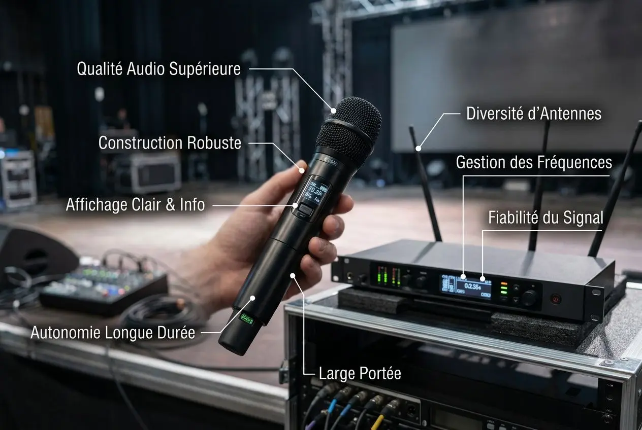 Microphone sans fil en main avec légendes indiquant ses Points forts: qualité audio, autonomie, affichage, construction robuste, diversité d’antennes et gestion des fréquences, grande portée et fiabilité du signal. Comment choisir un micro sans fil selon la fréquence et le budget.