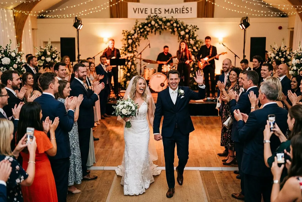 Moyen musique de mariage: couple de mariés entrant sous les applaudissements des invités dans une salle décorée.
