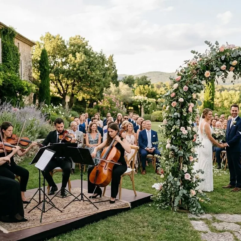 Orchestre de chambre live pour un mariage en plein air, avec violon, violoncelle et clarinette près de l’allée fleurie où les mariés se tiennent sous l’arche florale. moyen musique de mariage.
