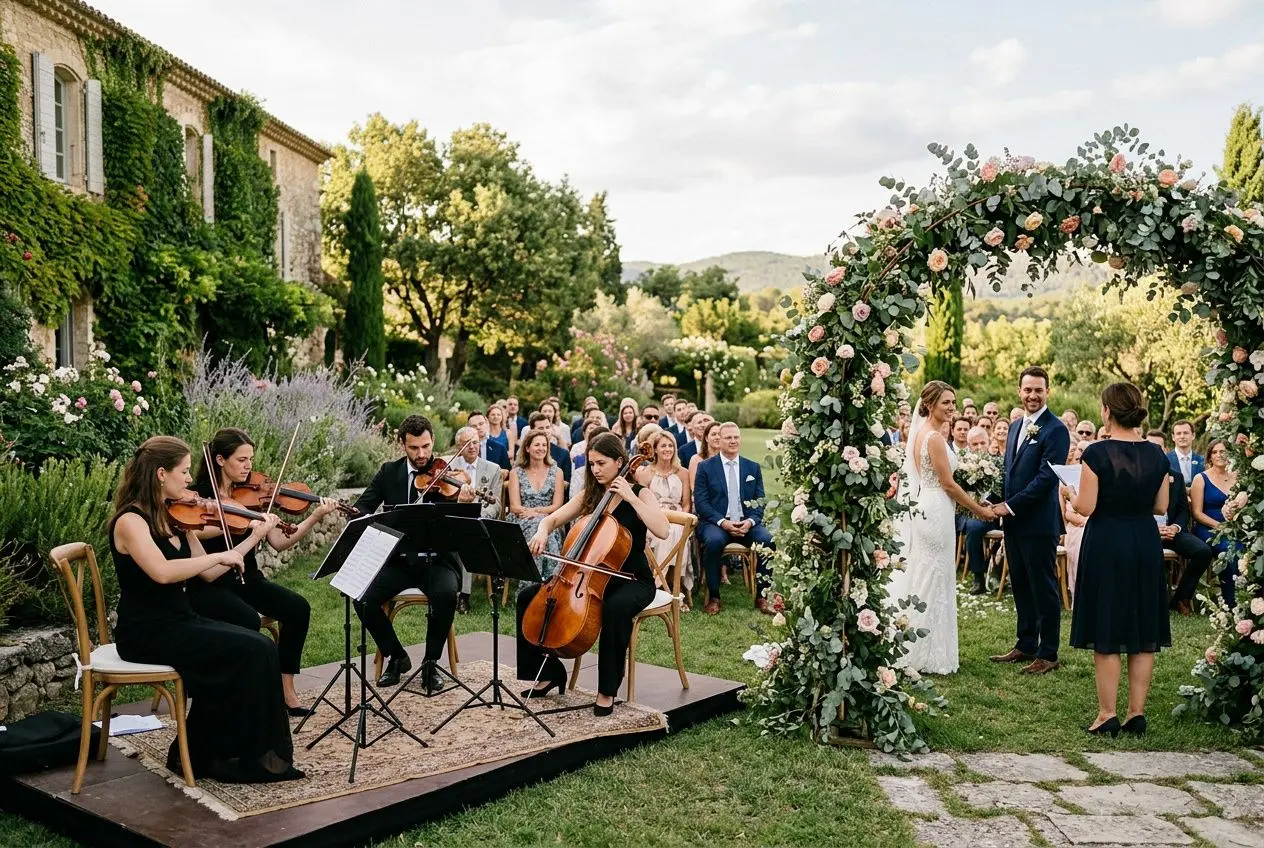 Orchestre de chambre live pour un mariage en plein air, avec violon, violoncelle et clarinette près de l’allée fleurie où les mariés se tiennent sous l’arche florale. moyen musique de mariage.