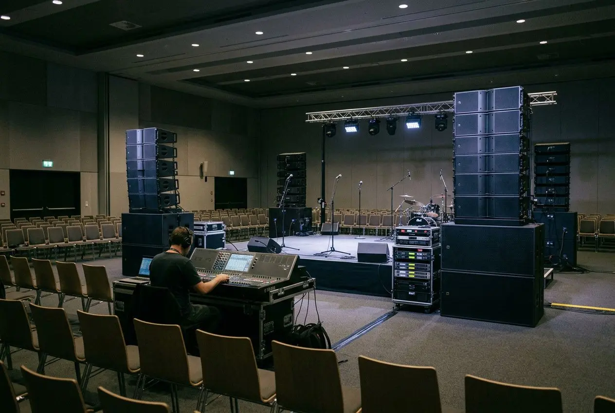 Une salle de conférence ou de spectacle spacieuse, montrant une installation de sonorisation professionnelle imposante. Au premier plan, un technicien de dos est assis devant une console de mixage numérique complexe. La scène, située à l'arrière-plan, est équipée de : Deux colonnes massives de haut-parleurs (systèmes line array) posées sur des caissons de basse imposants de chaque côté. Une structure de scène (truss) supportant des projecteurs d'éclairage. Plusieurs micros sur pieds et une batterie installée sur la plateforme. Des rangées de chaises vides qui font face à la scène, suggérant les préparatifs d'un événement de grande envergure.