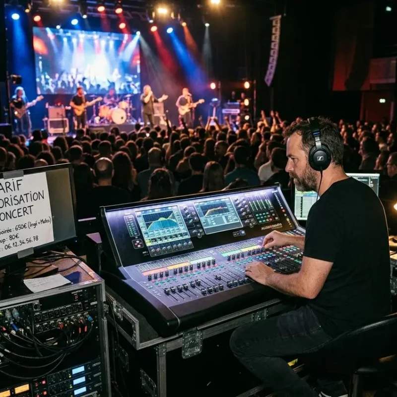 Une photo d'un ingénieur du son travaillant sur une console de mixage numérique imposante lors d'un concert. À sa gauche, un écran d'ordinateur affiche en grandes lettres blanches le texte "SONO MÉDOC" sur un fond sombre. En arrière-plan, une scène éclairée par des projecteurs colorés montre un groupe de musique jouant devant une foule nombreuse dans une salle de spectacle.
