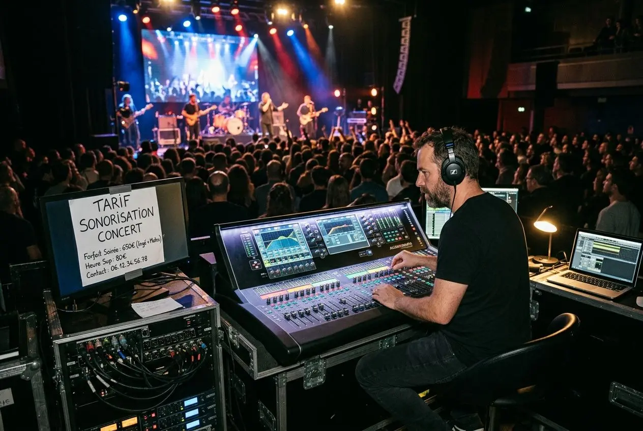 Une photo d'un ingénieur du son travaillant sur une console de mixage numérique imposante lors d'un concert. À sa gauche, un écran d'ordinateur affiche en grandes lettres blanches le texte "SONO MÉDOC" sur un fond sombre. En arrière-plan, une scène éclairée par des projecteurs colorés montre un groupe de musique jouant devant une foule nombreuse dans une salle de spectacle.