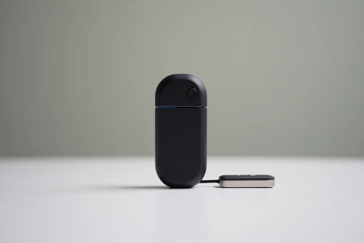 Petit appareil noir sans fil posé sur une table, relié par un câble à un module plat à côté. Intègre le concept de choisir un matériel karaoké.