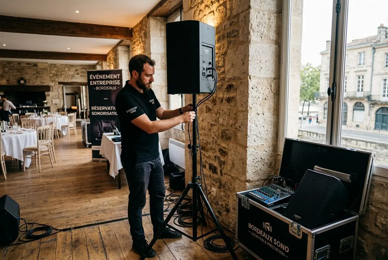 Location enceinte Bluetooth Bordeaux : technicien Bordeaux Sono installant une enceinte QSC sur pied pour un événement entreprise