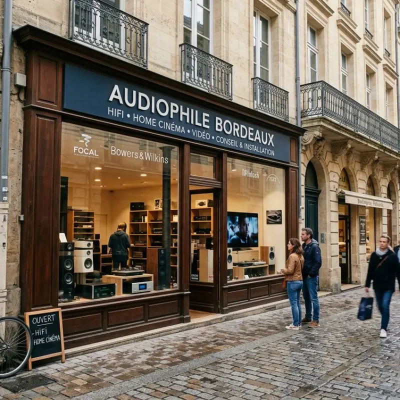 Showroom audiovisuel avec enceintes et équipements vidéo