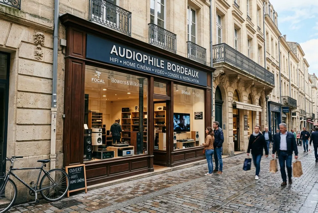 Showroom audiovisuel avec enceintes et équipements vidéo