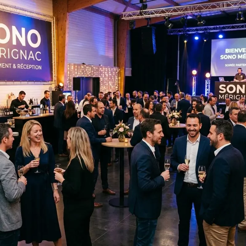 Soirée professionnelle dans une salle évenementielle Sono Mérignac, ambiance conviviale autour d’un stand et d’écrans affichant le logo. Sono mérignac.