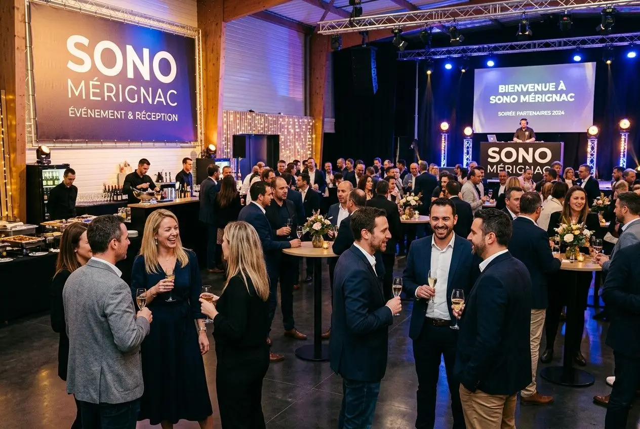 Soirée professionnelle dans une salle évenementielle Sono Mérignac, ambiance conviviale autour d’un stand et d’écrans affichant le logo. Sono mérignac.