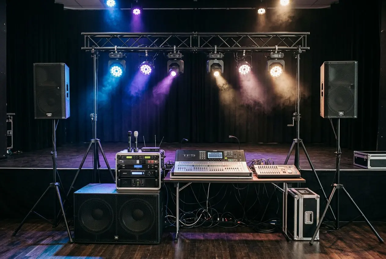Sono autour de moi: scène de sonorisation pro avec enceintes, console et jeux de lumières sur fond noir