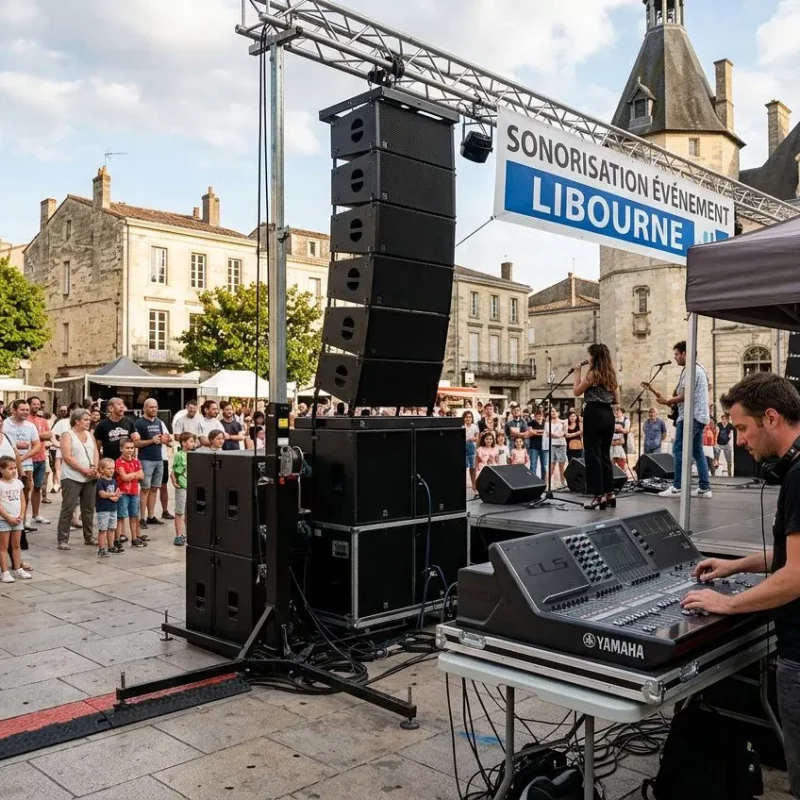 Sono Libourne: scène de fête avec DJ et grande installation sonorisation en plein air Libourne.