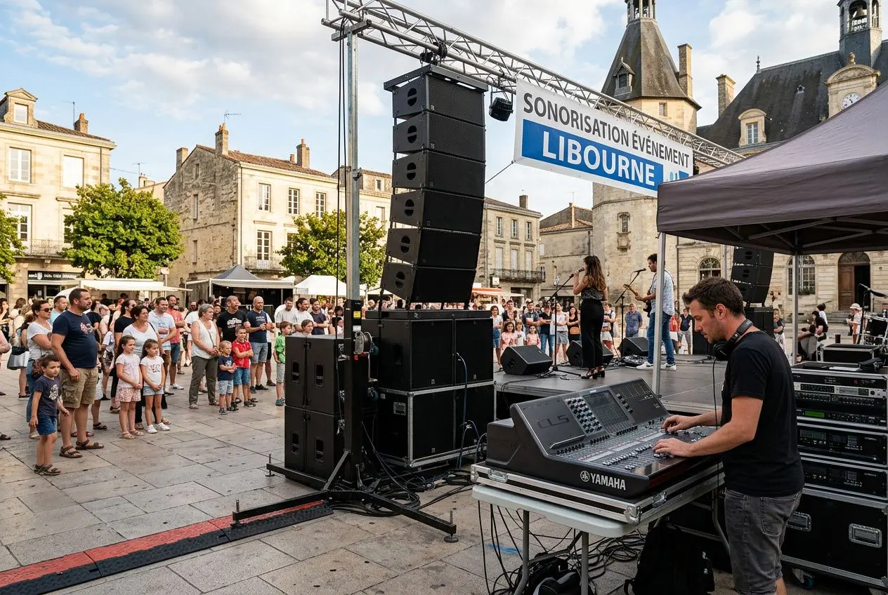 Sono Libourne: scène de fête avec DJ et grande installation sonorisation en plein air Libourne.