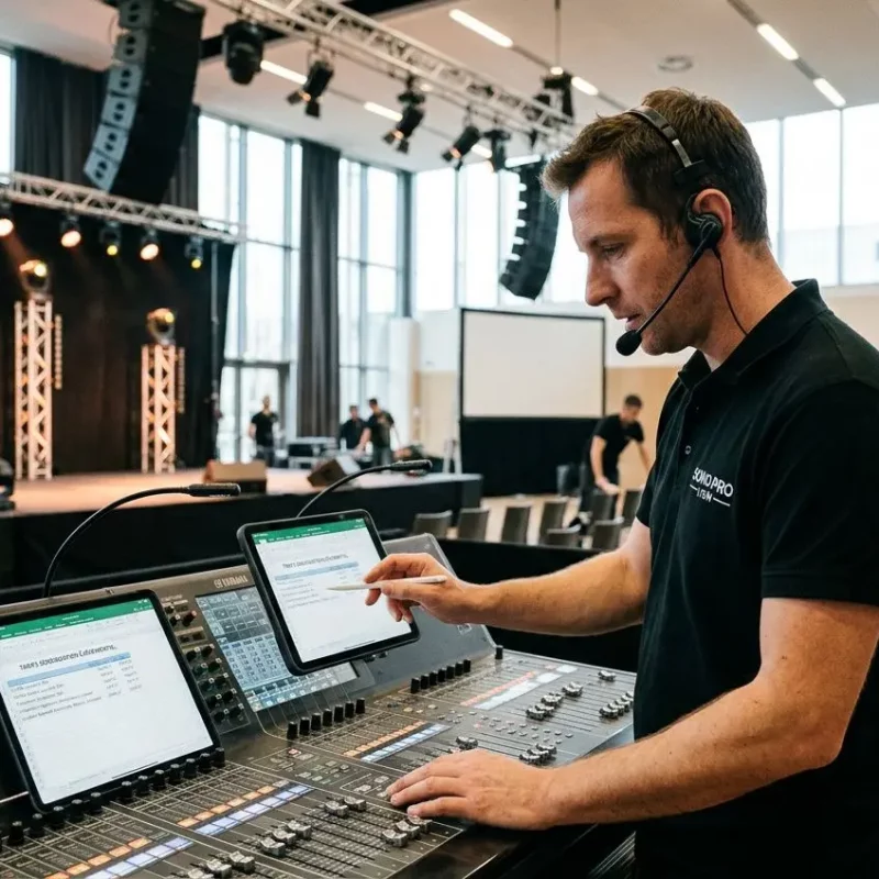 Sound engineer ajustant le mixeur avec tablette et micro casque lors d’un événement, scène prête et éclairage pro. Tarif d'un sonorisateur à considérer.