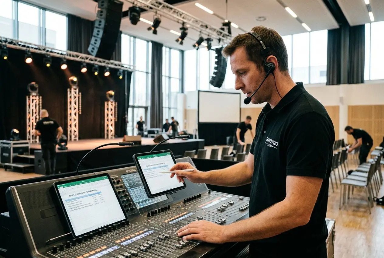 Sound engineer ajustant le mixeur avec tablette et micro casque lors d’un événement, scène prête et éclairage pro. Tarif d'un sonorisateur à considérer.
