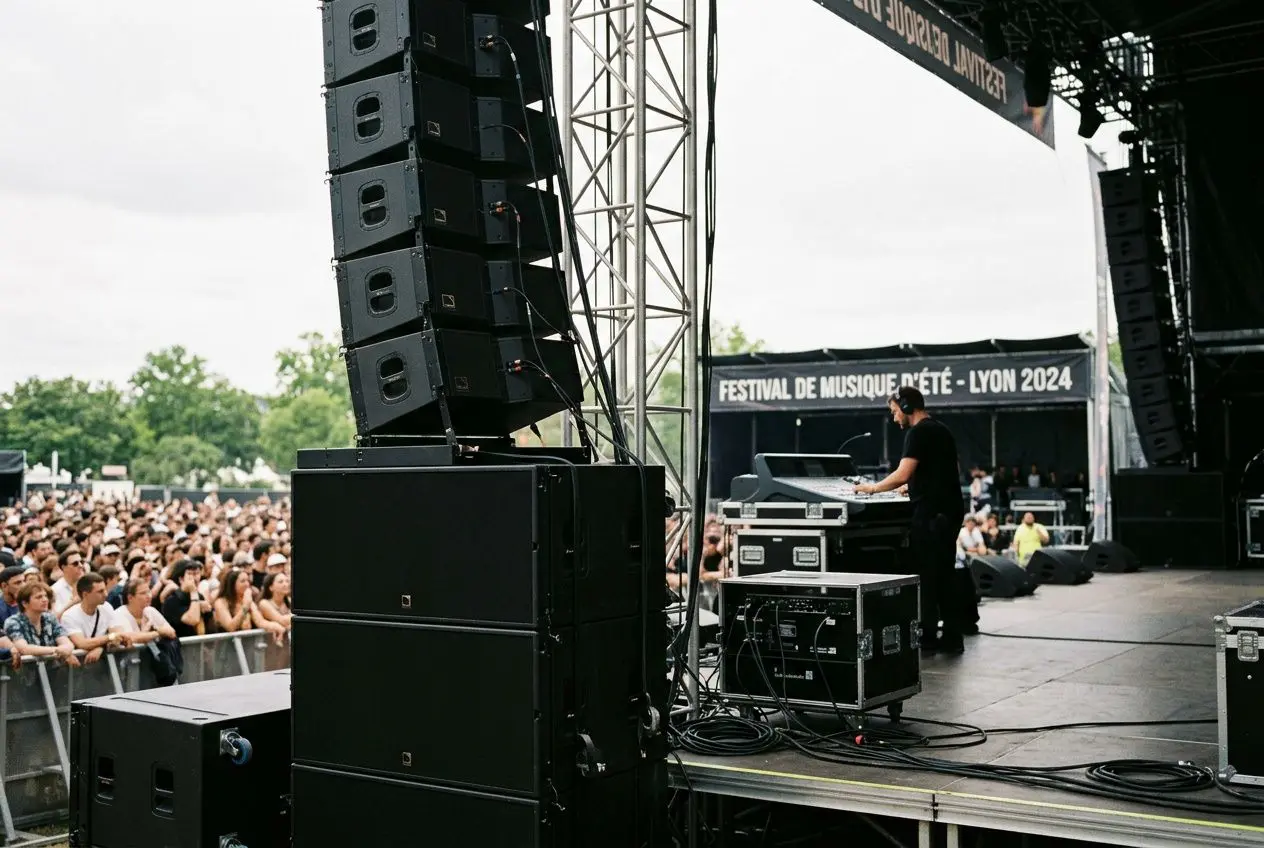 Stage de sonorisation en plein air avec haut-parleurs et DJ sur scène, festival en arrière-plan et foule attentive. sono autour de moi