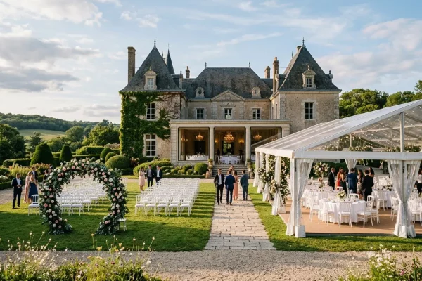 Une vue d'ensemble d'une réception de mariage élégante organisée dans le parc d'un château français majestueux. Au premier plan à gauche, une arche florale circulaire marque l'entrée d'une zone de cérémonie en plein air avec des rangées de chaises blanches disposées sur la pelouse. À droite, une grande tente de réception transparente abrite des tables rondes dressées avec des nappes blanches. Des invités en tenue de soirée circulent sur une allée pavée menant au château. L'arrière-plan offre une vue sur des collines verdoyantes sous un ciel de fin d'après-midi, créant une atmosphère luxueuse et romantique.