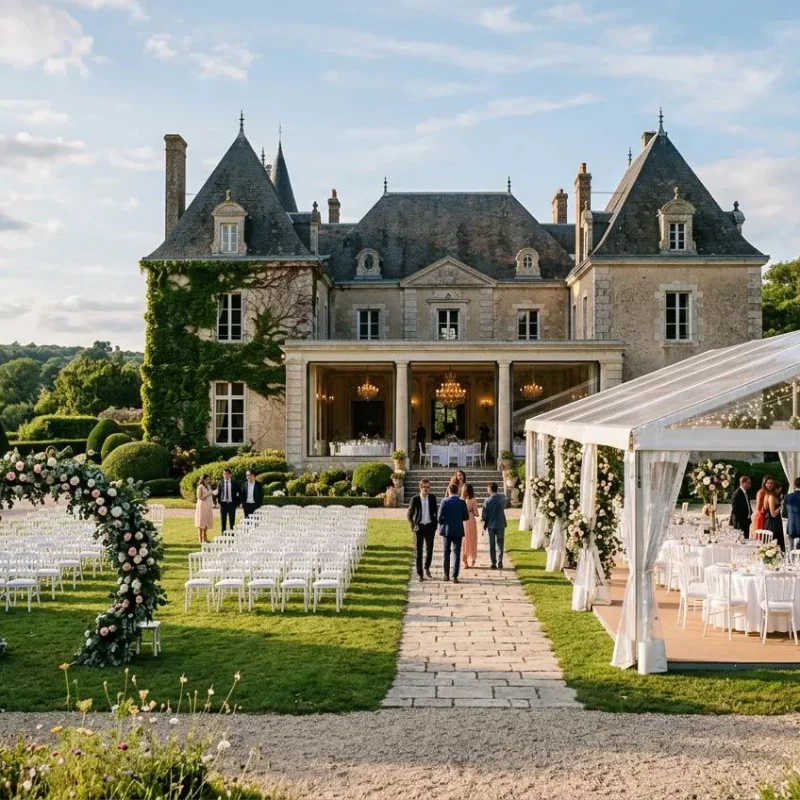 Une vue d'ensemble d'une réception de mariage élégante organisée dans le parc d'un château français majestueux. Au premier plan à gauche, une arche florale circulaire marque l'entrée d'une zone de cérémonie en plein air avec des rangées de chaises blanches disposées sur la pelouse. À droite, une grande tente de réception transparente abrite des tables rondes dressées avec des nappes blanches. Des invités en tenue de soirée circulent sur une allée pavée menant au château. L'arrière-plan offre une vue sur des collines verdoyantes sous un ciel de fin d'après-midi, créant une atmosphère luxueuse et romantique.