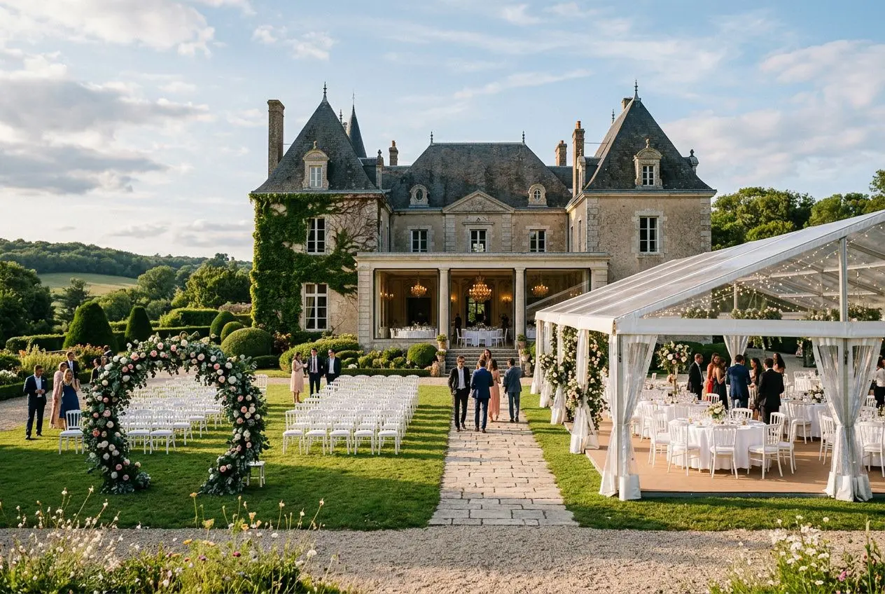 Une vue d'ensemble d'une réception de mariage élégante organisée dans le parc d'un château français majestueux. Au premier plan à gauche, une arche florale circulaire marque l'entrée d'une zone de cérémonie en plein air avec des rangées de chaises blanches disposées sur la pelouse. À droite, une grande tente de réception transparente abrite des tables rondes dressées avec des nappes blanches. Des invités en tenue de soirée circulent sur une allée pavée menant au château. L'arrière-plan offre une vue sur des collines verdoyantes sous un ciel de fin d'après-midi, créant une atmosphère luxueuse et romantique.