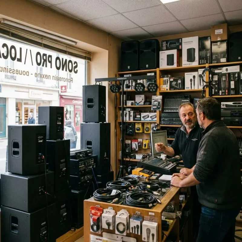 Vendeur et client discutant dans un magasin d’équipement audio avec enceintes, amplificateurs et câbles exposés. sono autour de moi