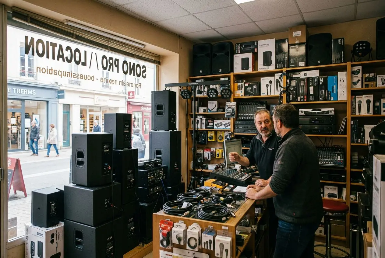 Vendeur et client discutant dans un magasin d’équipement audio avec enceintes, amplificateurs et câbles exposés. sono autour de moi