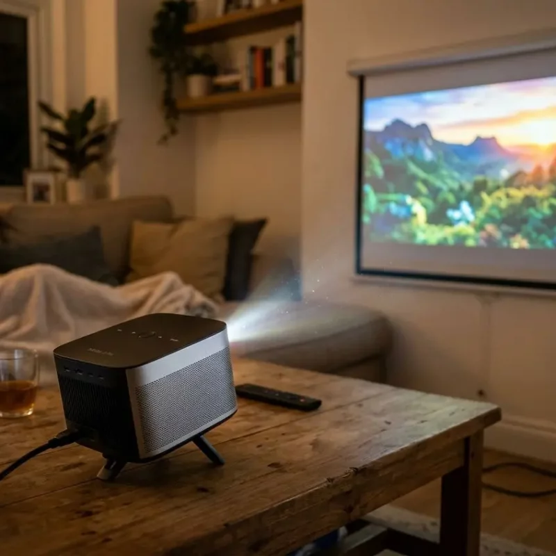 Vidéoprojecteur portable en noir et gris posé sur une table en bois, projette une scène de montagne couleur sur un mur dans un salon, avec canapé et personne au fond. Vidéo projecteur portable utilisé pour cinéma à domicile.