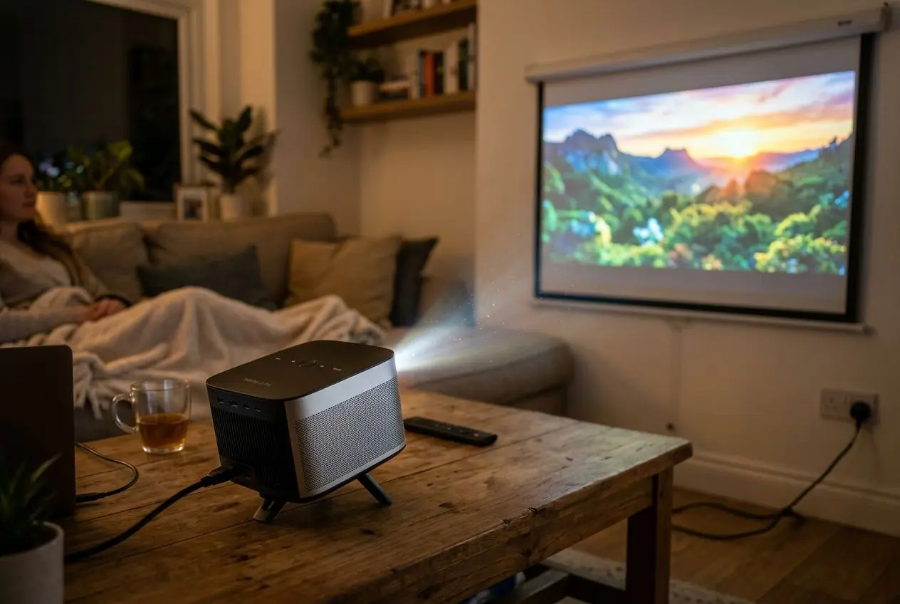 Vidéoprojecteur portable en noir et gris posé sur une table en bois, projette une scène de montagne couleur sur un mur dans un salon, avec canapé et personne au fond. Vidéo projecteur portable utilisé pour cinéma à domicile.