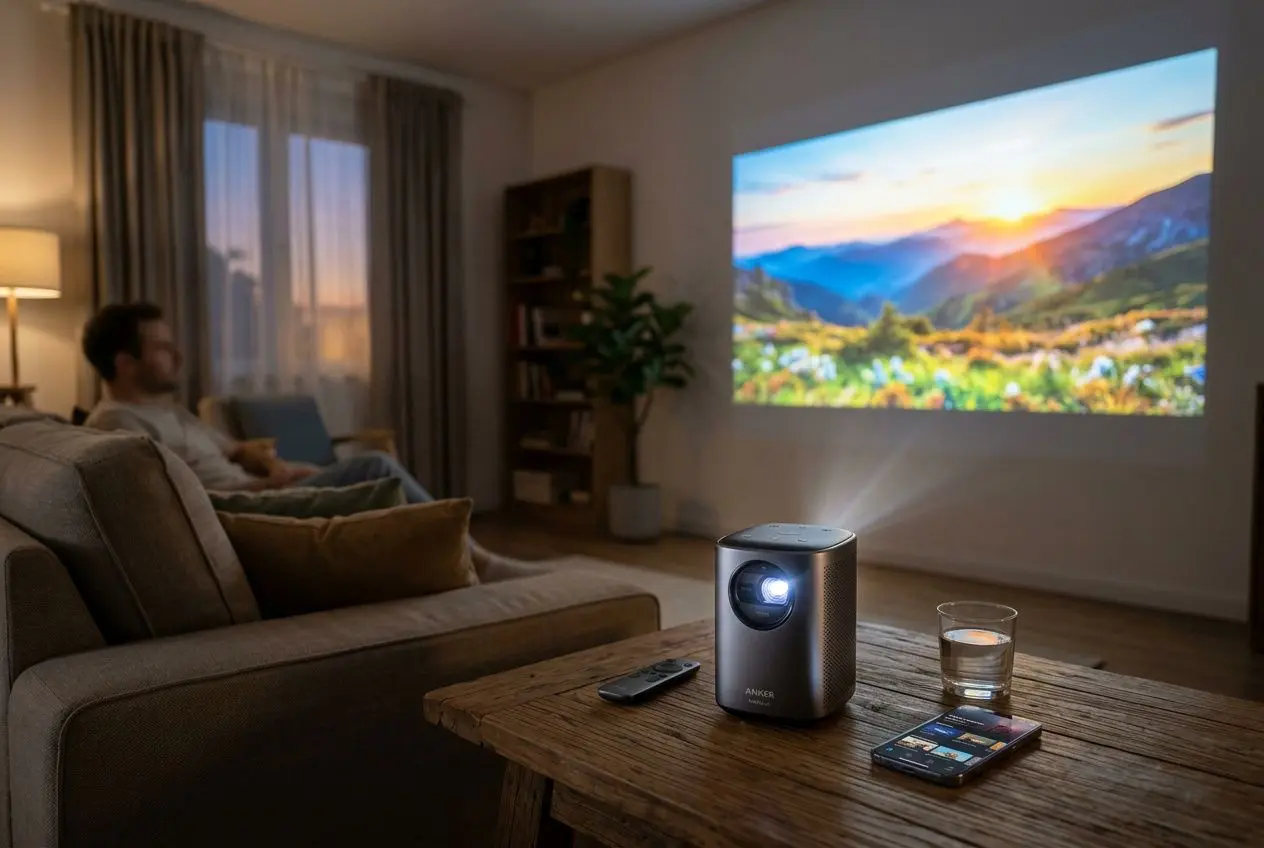 Vidéoprojecteur portable en projection sur le mur, image nette d’un salon avec canapé, lampe et plantes. Une source lumineuse projette un paysage coloré; télécommande et smartphone sur la table.