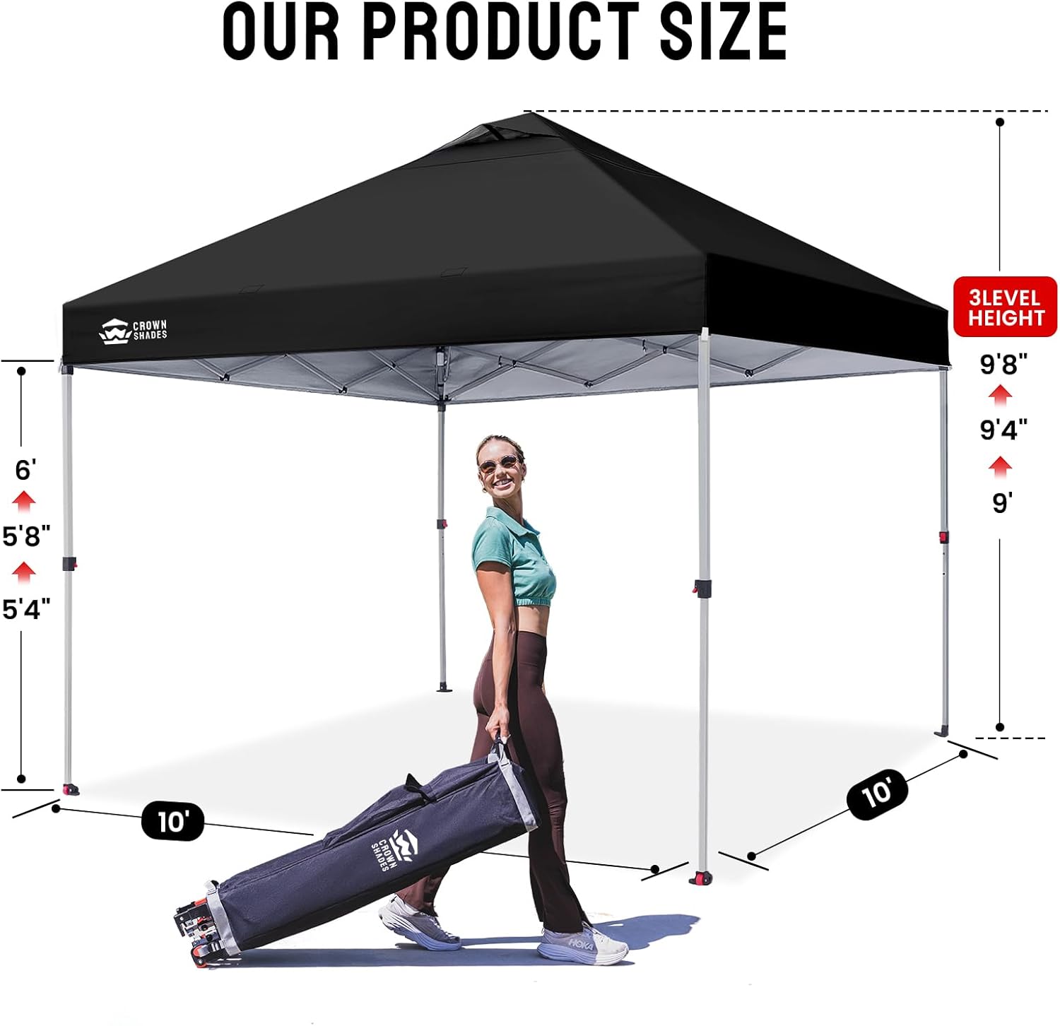 Tonnelle pliante 3x3 avec soufflage noir, structure argentée et sac de rangement, dimensions montrant 3 niveaux de hauteur et espace 10x10 pieds.
