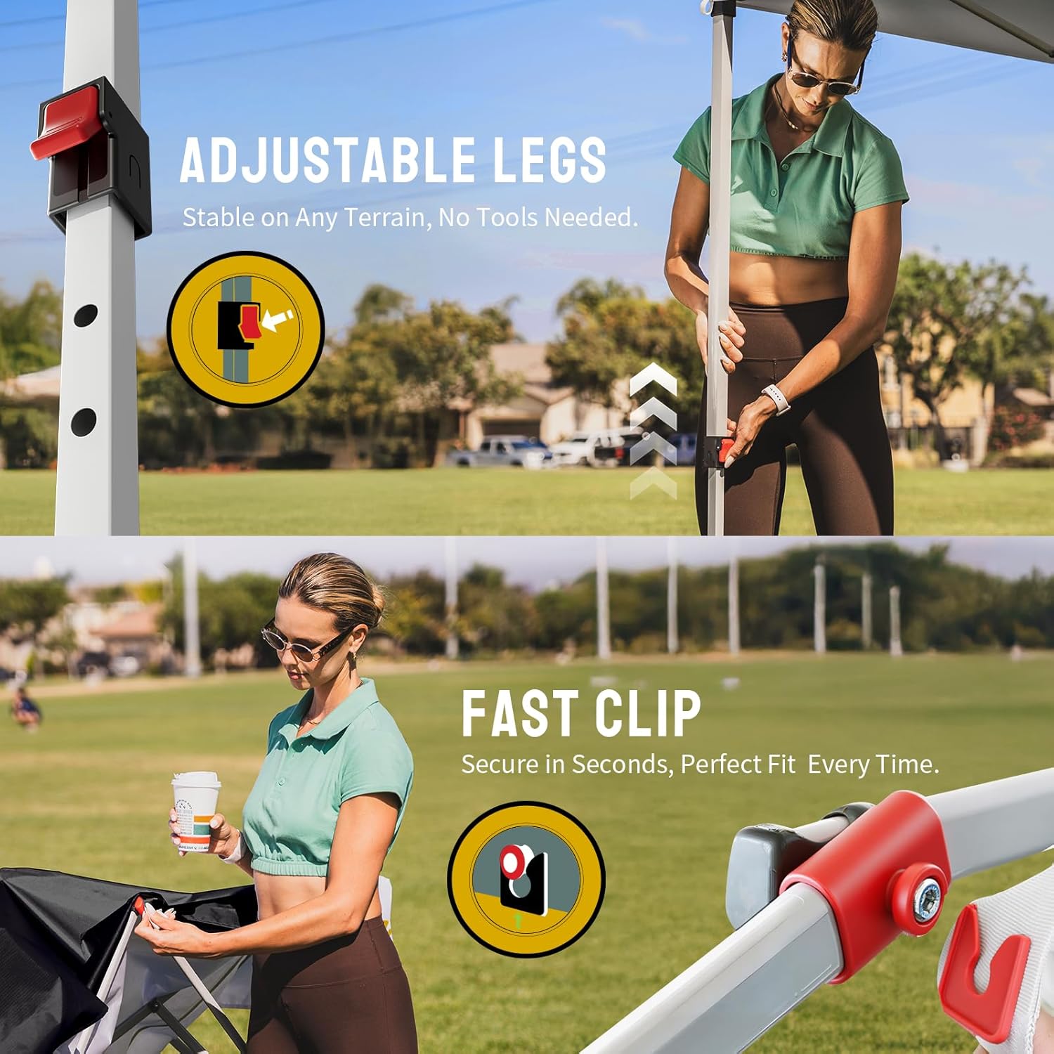Tonnelle pliante 3x3 avec pieds réglables en terrain ouvert, femme en polo vert ajustant la structure et clip rapide rouge sur le cadre, logo et texte “ADJUSTABLE LEGS” et “FAST CLIP” sur fond de parc. Sono Médoc.