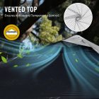 Tonnelle pliante 3x3 Sono Médoc en extérieur, tente sombre avec voile ventée et prise d’air; icône de ventilation et image du filet lourd en coin.