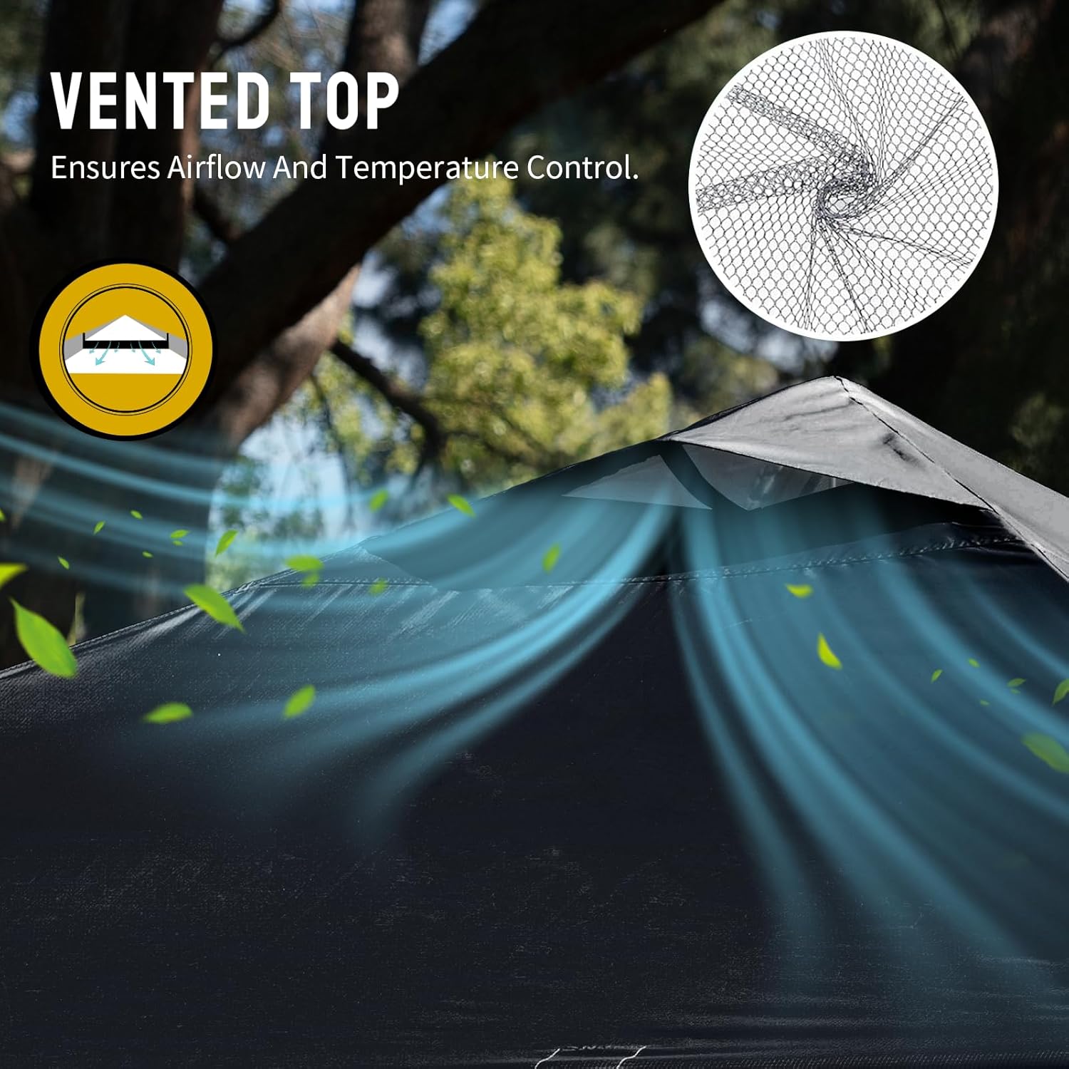 Tonnelle pliante 3x3 Sono Médoc en extérieur, tente sombre avec voile ventée et prise d’air; icône de ventilation et image du filet lourd en coin.