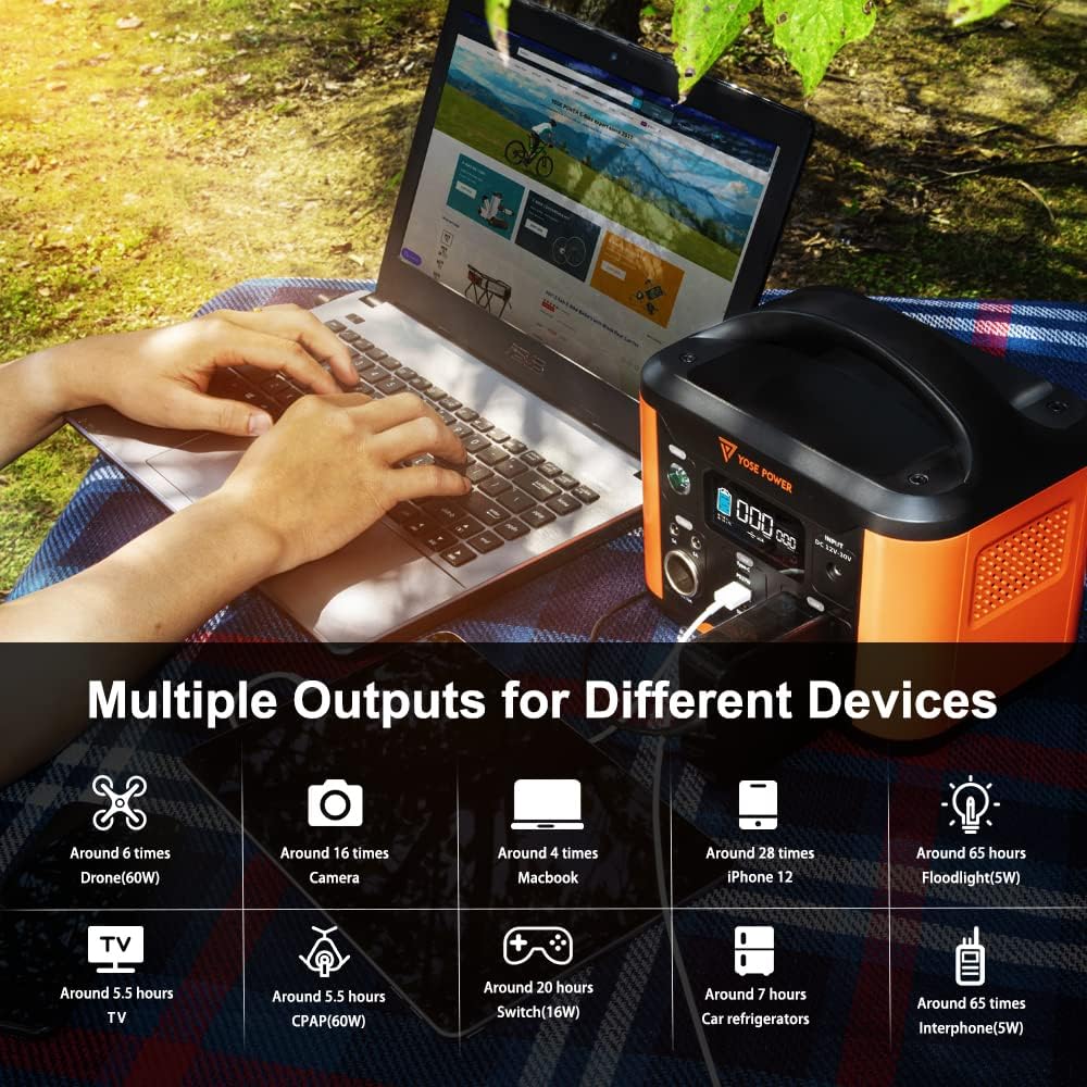 Power Station 388Wh/300W orange, alimentant un ordinateur portable et divers appareils via USB et prises, utilisé en extérieur sur une couverture.