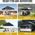 Tonnelle pliante 3x3 utilisée en camping et activités de plein air, quatre vues: Backyard, Camping, Beach et Vending.