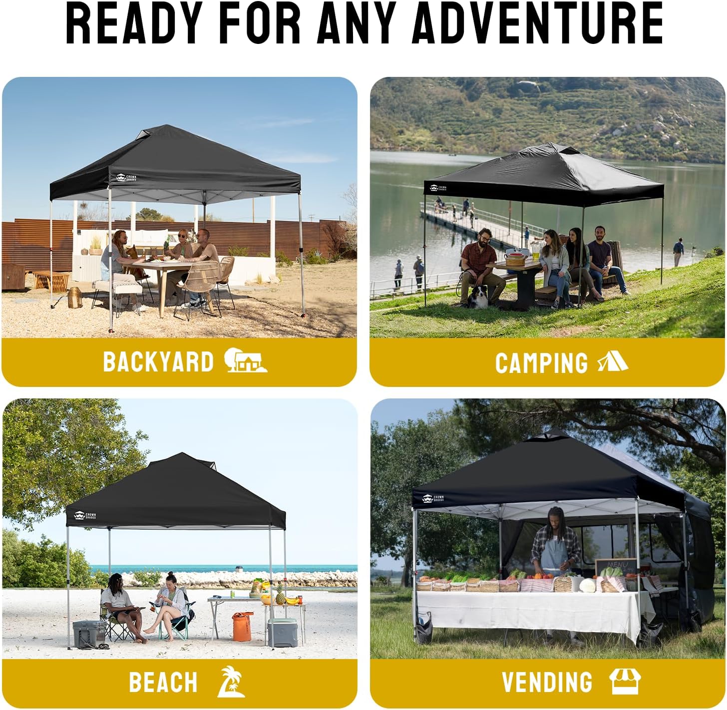 Tonnelle pliante 3x3 utilisée en camping et activités de plein air, quatre vues: Backyard, Camping, Beach et Vending.