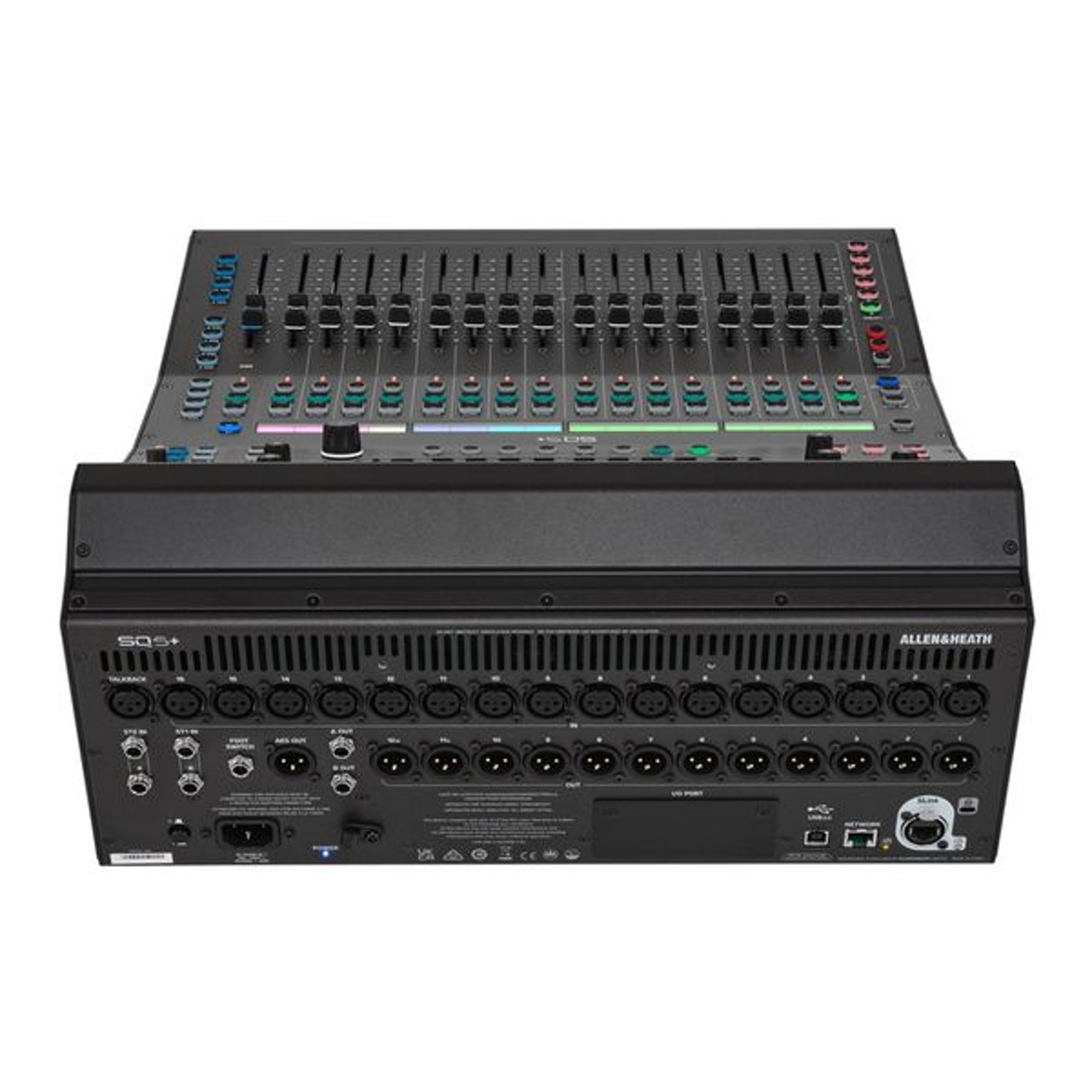 Console de mixage Allen & Heath SQ5+ vue de face arrière, nombreuses entrées/sorties et contrôles professionnels. Location Allen & Heath SQ5+: Mixage de Haute Précision - Sono Médoc