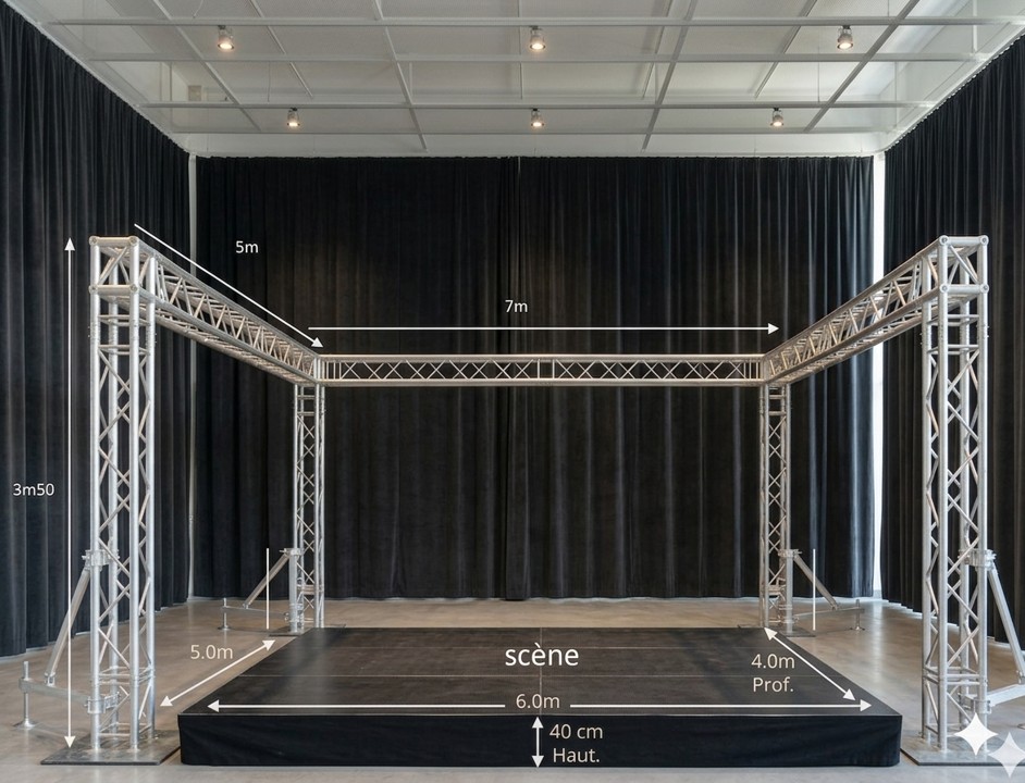 Location-structures-en-U-sono-medoc Structure de scène scénique en métal truss avec plateforme et rideau noir, dimensions visibles (7m largeur, 5m profondeur, hauteur 40 cm, scène 6m).
