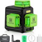 Niveau laser vert Sono Médoc Hupar: laser vertical vert brillant sur boîtier noir avec accessoires de précision et étui de transport.