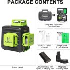 Niveau Laser Vert - Sono Médoc: niveau laser vert robuste avec accessoires et boîtier rigide dédiés. Note: The image shows the Huepar green laser level with dedicated hard-shell carrying case and included USB-C charger, target plate, user manual, lithium battery, and magnetic pivoting base.