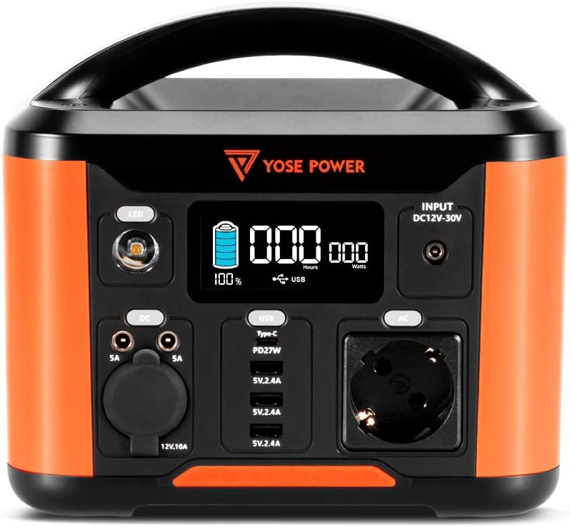 YOSE POWER batterie PEP S-300 Power Station 388Wh/300W : alimentation portable orange et noire avec écran LCD, prises AC et USB, poignée supérieure.
